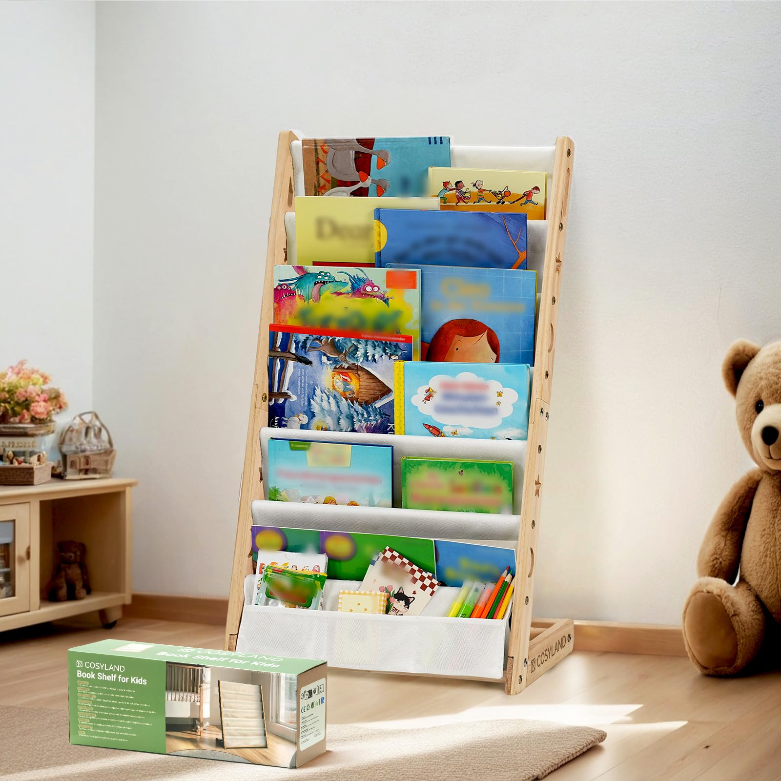 |Resigilat| COSYLAND Montessori raft cărți copii, 6 compartimente textile, lemn pin, design deschis, colț lectură, 42 x 30 x 76 cm