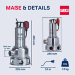 T.I.P. Schmutzwasser Tauchpumpe - Baupumpe Edelstahl (30.000 l/h Fördermenge, 13m Förderhöhe, 1,3bar Druck, 1.800W, 45mm Korngröße, Waschlauge, heißes Wasser bis 95°C) Extrema 500/13 IX, 30171