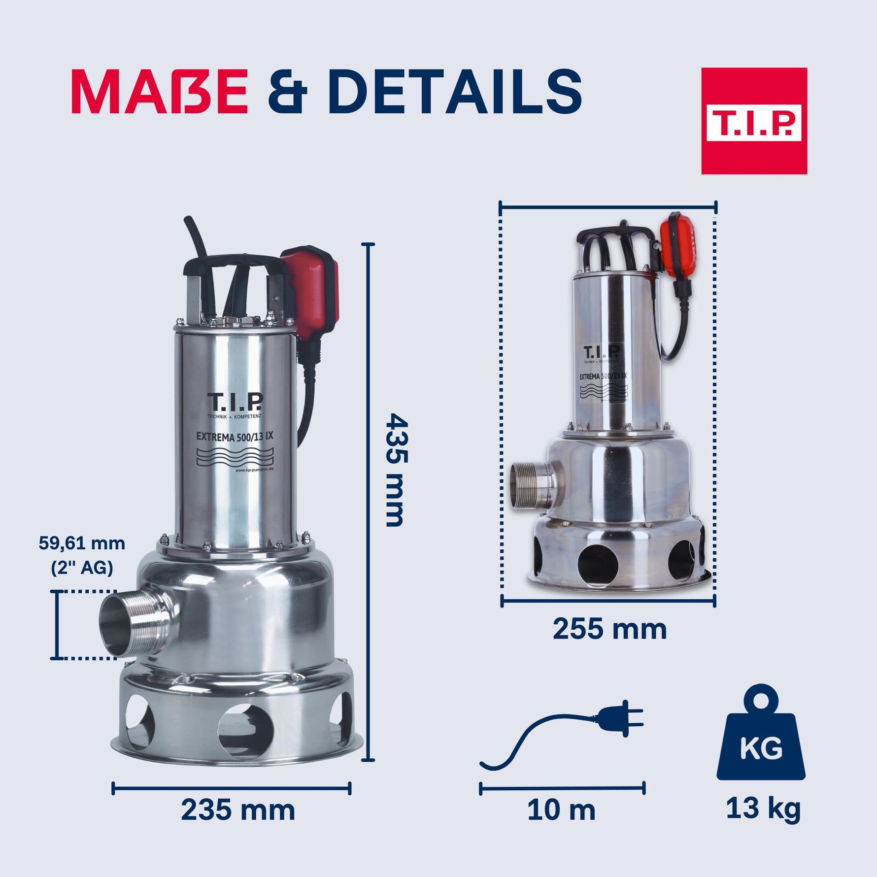 T.I.P. Schmutzwasser Tauchpumpe - Baupumpe Edelstahl (30.000 l/h Fördermenge, 13m Förderhöhe, 1,3bar Druck, 1.800W, 45mm Korngröße, Waschlauge, heißes Wasser bis 95°C) Extrema 500/13 IX, 30171
