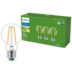 Resigilat|Philips Ultra Efficient bec LED 40W A60, alb cald, transparent, ultra-eficient energetic, set 3 bucati