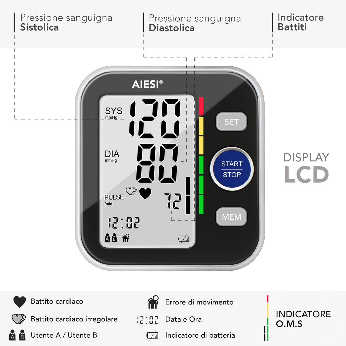 |Resigilat| AIESI® Tensiometru digital profesional automat pentru braț, model A6, pentru adulți, cu 120 de memorii, alimentare de la rețea și USB,