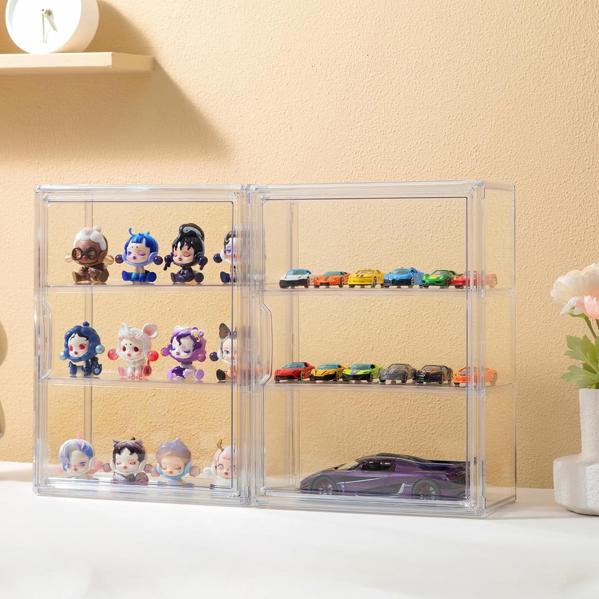 Resigilat|Vitrina din acril cu usa pentru figurine si obiecte de colectie, 3 niveluri, autoasamblare, 36 x 27 x 13 cm