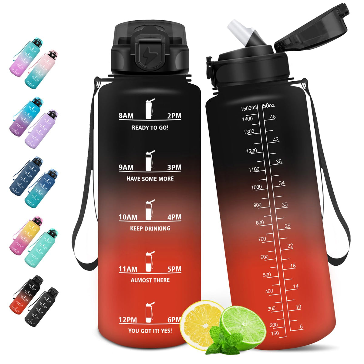 Resigilat|HoneyHolly sticla sport 1,5 L cu pai, etansa, marcaje de timp, potrivita pentru bauturi carbogazoase, outdoor si fitness