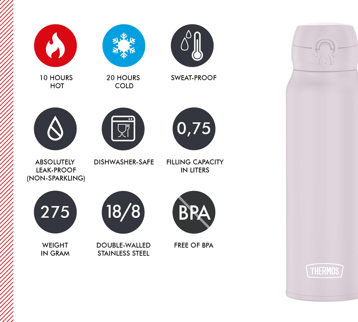 Resigilat|THERMOS ULTRALIGHT termos 0,75 L, mentine bauturile reci pana la 20 h, roz mat