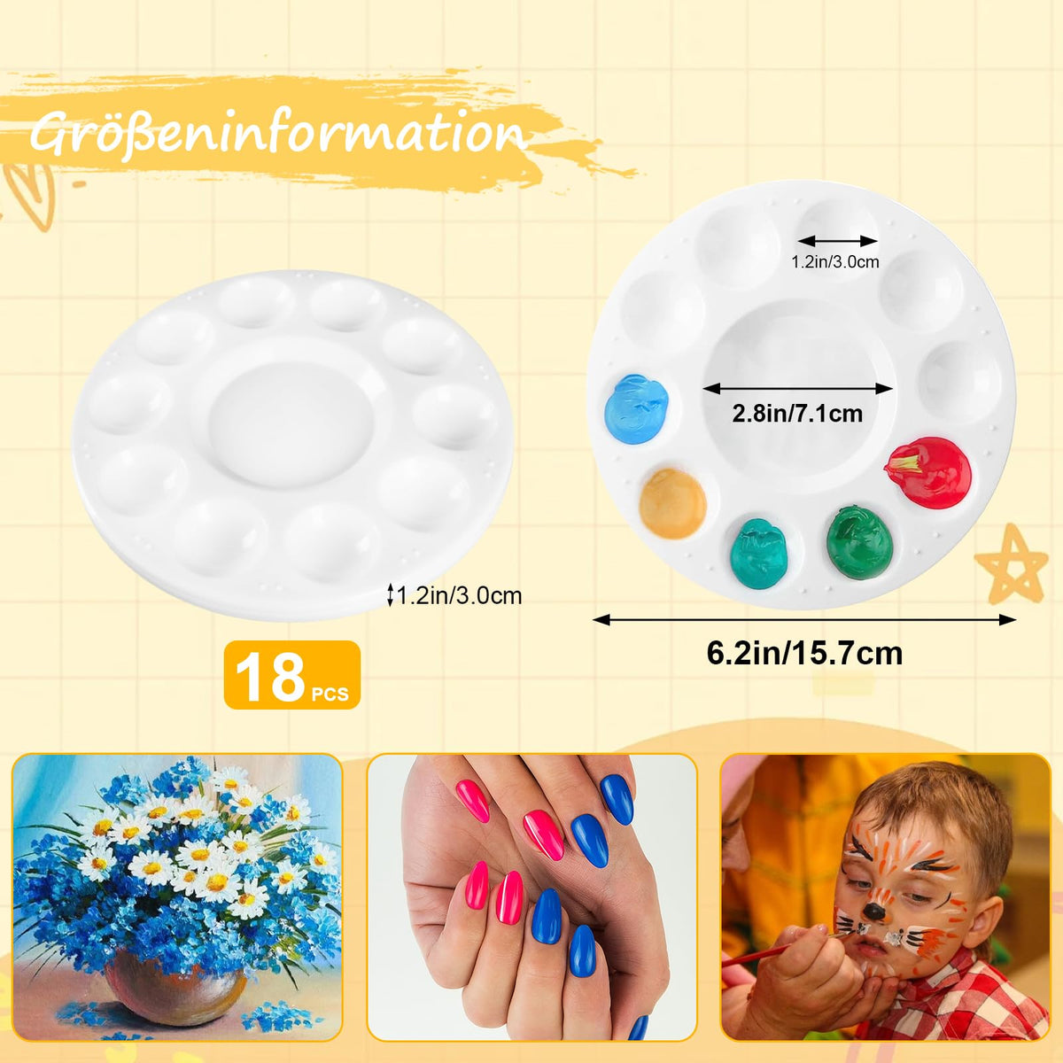 Resigilat|Set 18 Palete de Amestecare din Plastic, Rotunde 15,8 cm, cu 11 Compartimente, pentru Acuarele, Acrilice si Vopsele Ulei