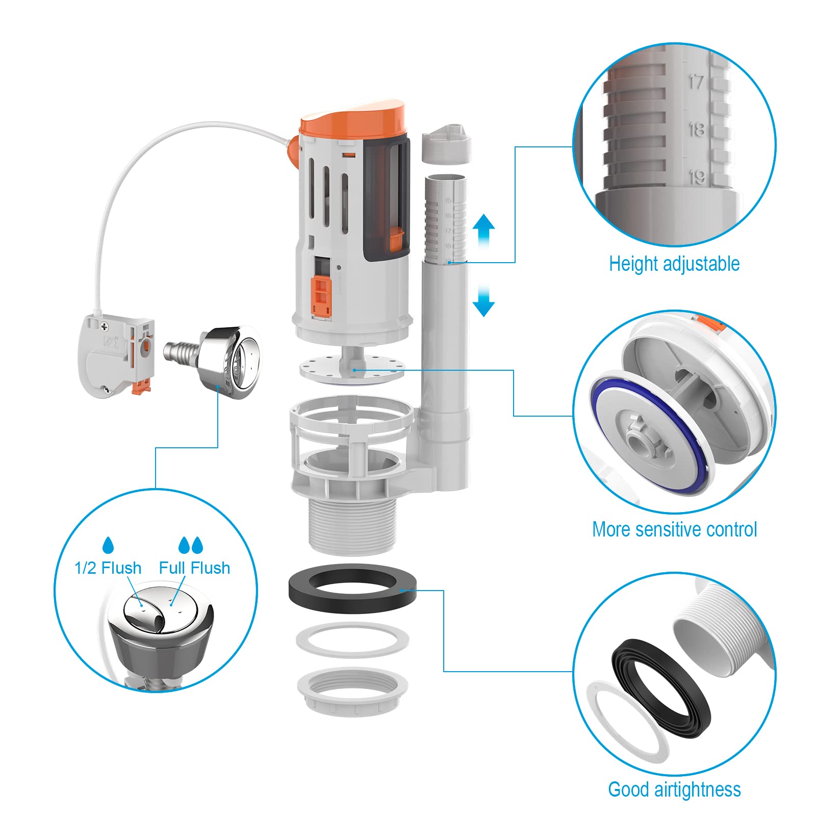 Ibergrif M20522 Toilet Dual Flush Valve with Button, Suitable for 2 Inch (Φ59-61MM) Toilet Flush System Replacement Adjustable, White