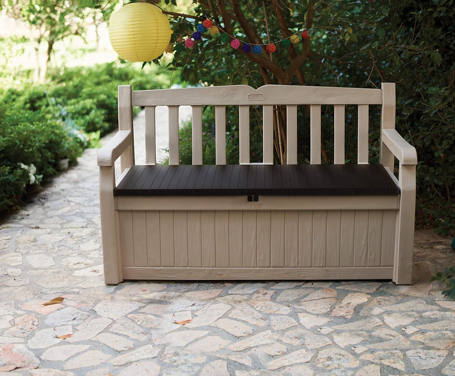 Keter Eden Bench for Balcony and Garden, Garden Bench with Integrated Cushion Box with 265 L Storage Space, 140 x 60 x 84 cm, Weatherproof, Easy Care, Beige, Outdoor, Wood Look