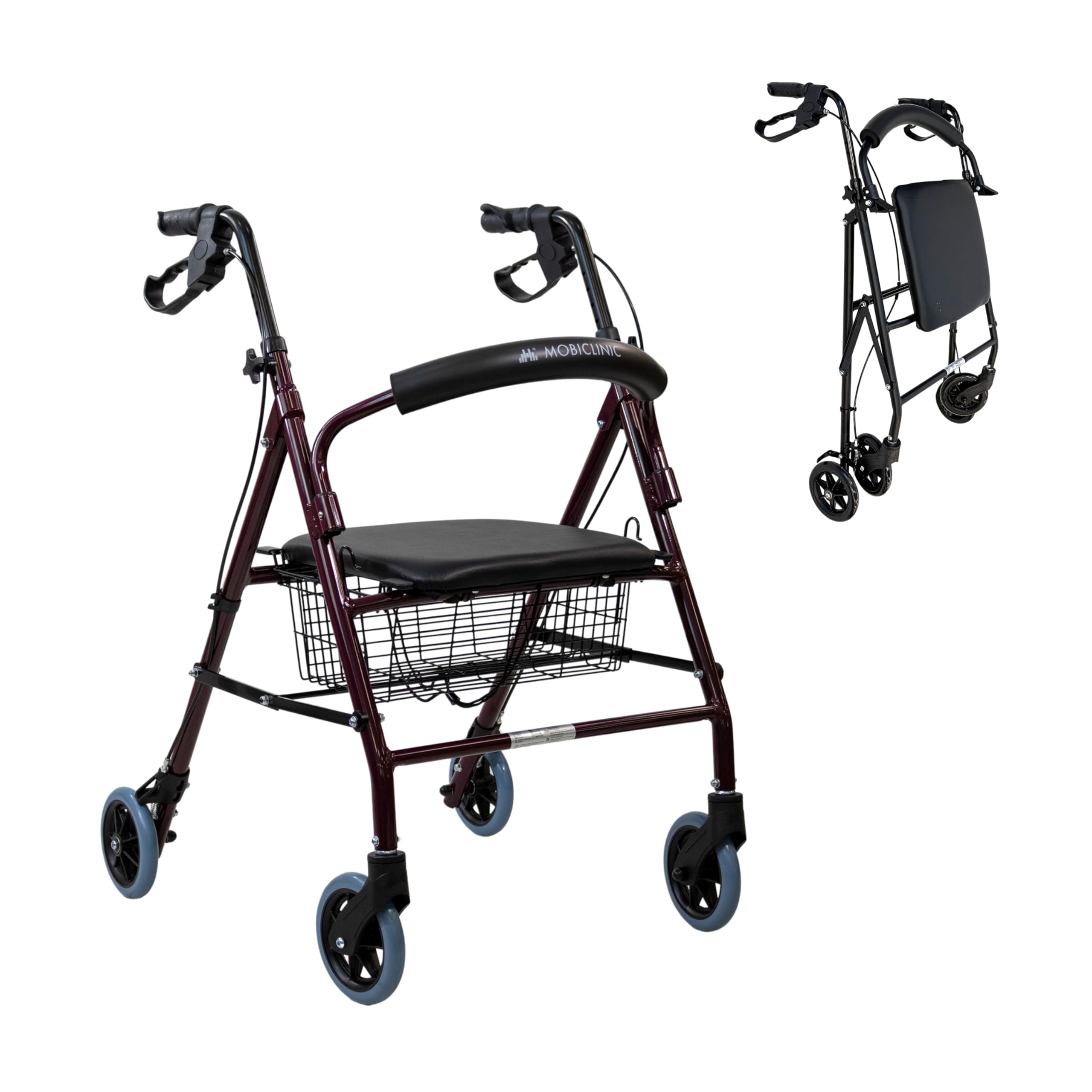 Mobiclinic®, Deambulatore per Anziani, Pieghevole, Regolabile in Altezza, Freni Manuali e Bloccabili, Fino a 110 Kg, con Cestino e Sedile, Leggero, Resistente, Alluminio, Bordeaux, Escorial