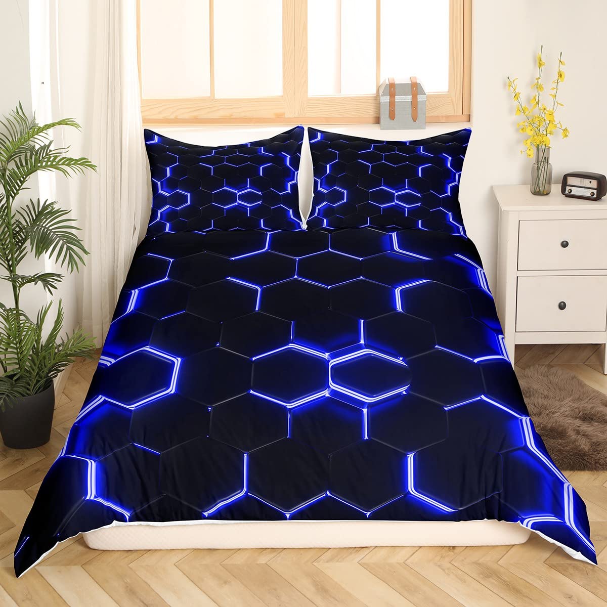 Resigilat|Homemissing lenjerie de pat cu model fagure geometric, albastru si negru, 140 x 200 cm, pentru copii si adolescenti, 1 fata de perna