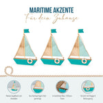 Resigilat|Decoratiune barca cu panze din lemn, 15 x 4 x 21 cm, decor maritim pentru baie si living, cu colac de salvare