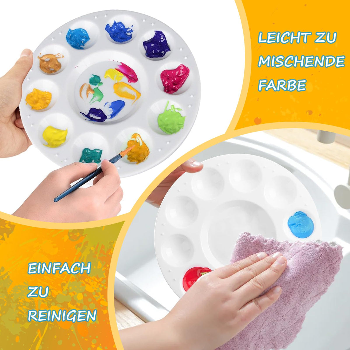Resigilat|Set 18 Palete de Amestecare din Plastic, Rotunde 15,8 cm, cu 11 Compartimente, pentru Acuarele, Acrilice si Vopsele Ulei