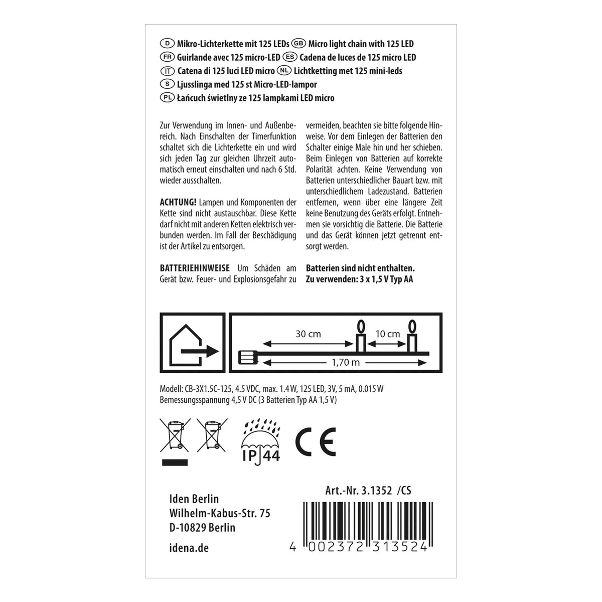 Resigilat|Idena 31352 Luminite LED cu 125 LED-uri, Lumina Calda, 1,7 m, Timer 6 Ore, pe Baterii, Decoratiune Interior si Exterior