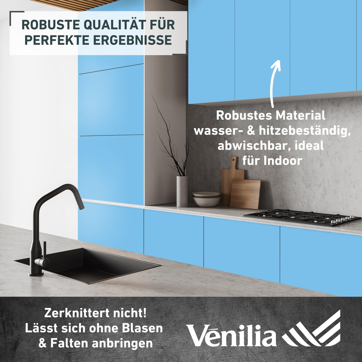 Resigilat|Venilia folie autoadeziva pentru mobilier, mata uni, albastru Caraibe, 45 cm x 2 m, PVC, rezistenta la caldura si rupere