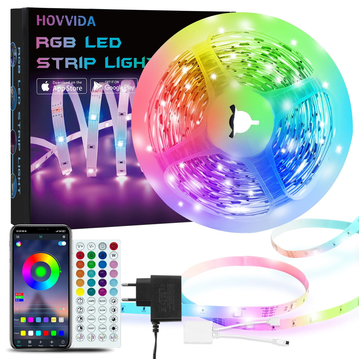Resigilat|HOVVIDA banda LED RGB 5 m, 30 LED/m, 150 LED, control prin aplicatie si telecomanda, mod muzica si temporizator