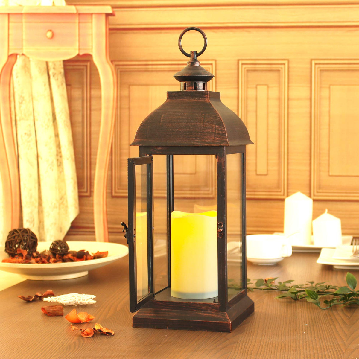 Resigilat|WRalwaysLX felinar decorativ cu flacara LED animata, lumanare cu temporizator, 41 cm, pentru interior si exterior, plastic, bronz