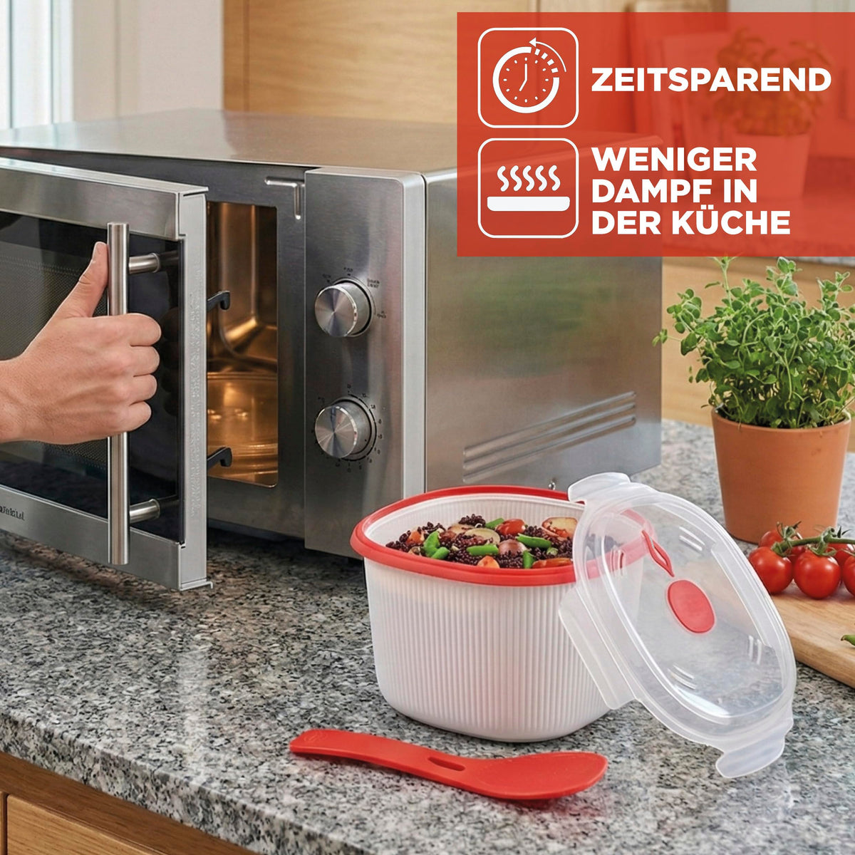 Resigilat|Snips oala pentru orez la microunde, 2,7 L, pentru orez, cereale si couscous, cu colector de amidon si spatula, 20,5 x 20,5 x 14,5 cm