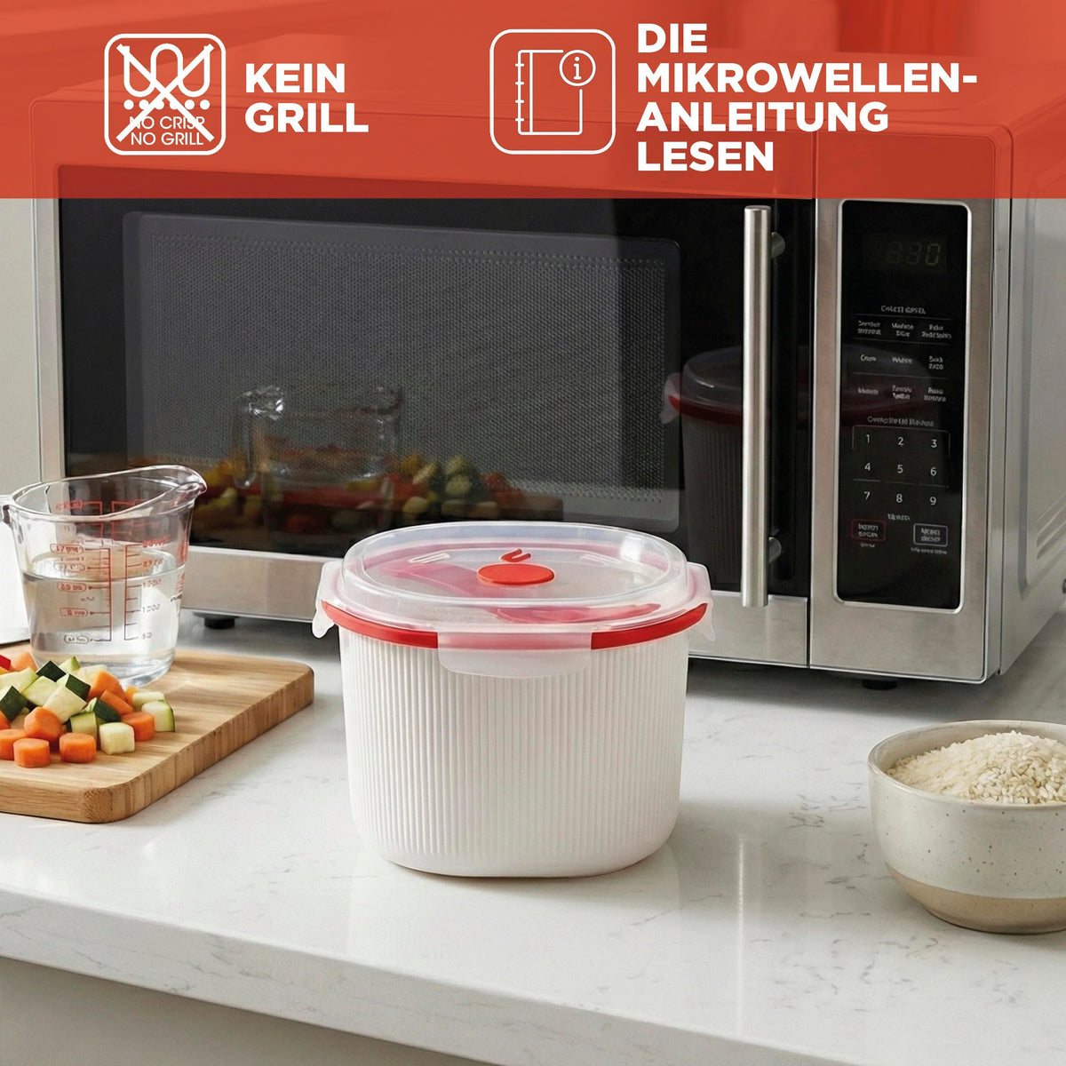 Resigilat|Snips oala pentru orez la microunde, 2,7 L, pentru orez, cereale si couscous, cu colector de amidon si spatula, 20,5 x 20,5 x 14,5 cm