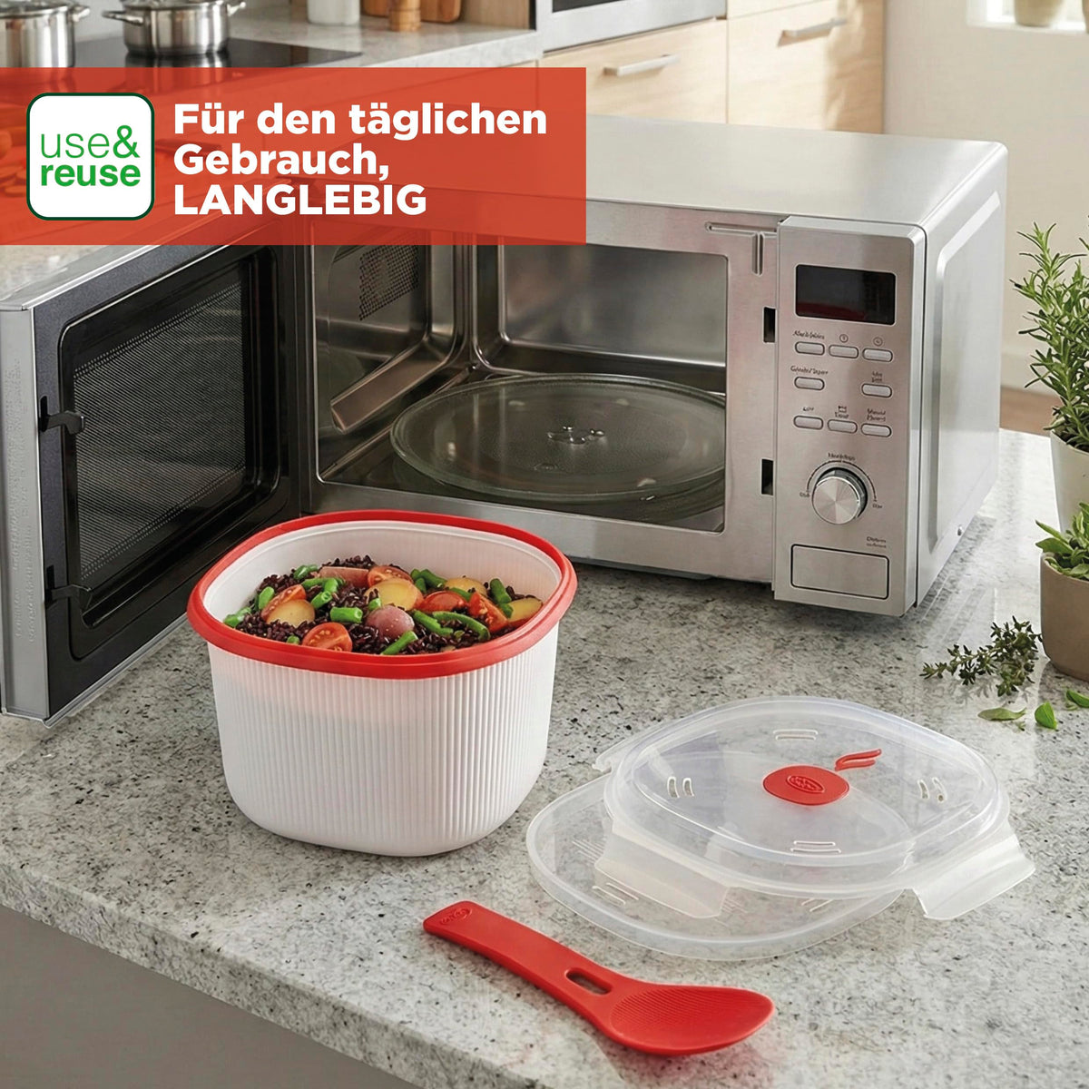 Resigilat|Snips oala pentru orez la microunde, 2,7 L, pentru orez, cereale si couscous, cu colector de amidon si spatula, 20,5 x 20,5 x 14,5 cm