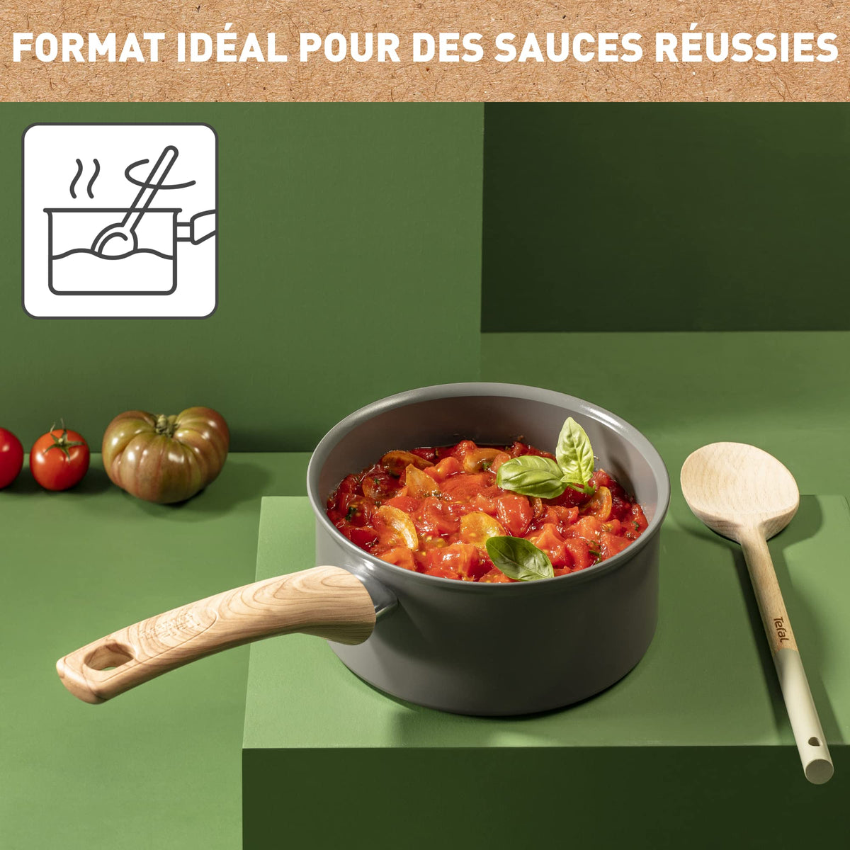Resigilat|Tefal Renew cratita cu coada, 20 cm, ceramica, invelis antiaderent, aspect de lemn