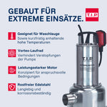 T.I.P. Schmutzwasser Tauchpumpe - Baupumpe Edelstahl (30.000 l/h Fördermenge, 13m Förderhöhe, 1,3bar Druck, 1.800W, 45mm Korngröße, Waschlauge, heißes Wasser bis 95°C) Extrema 500/13 IX, 30171