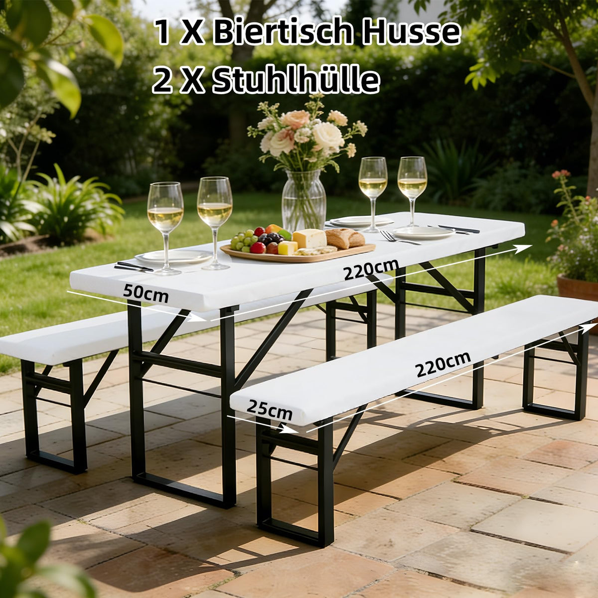 Resigilat|GFCC set 3 piese huse elastice pentru set de masa si banci de bere, albe, 220 x 50 cm