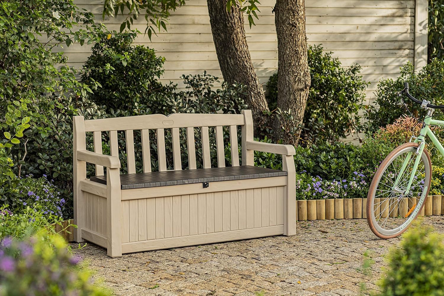 Keter Eden Bench for Balcony and Garden, Garden Bench with Integrated Cushion Box with 265 L Storage Space, 140 x 60 x 84 cm, Weatherproof, Easy Care, Beige, Outdoor, Wood Look