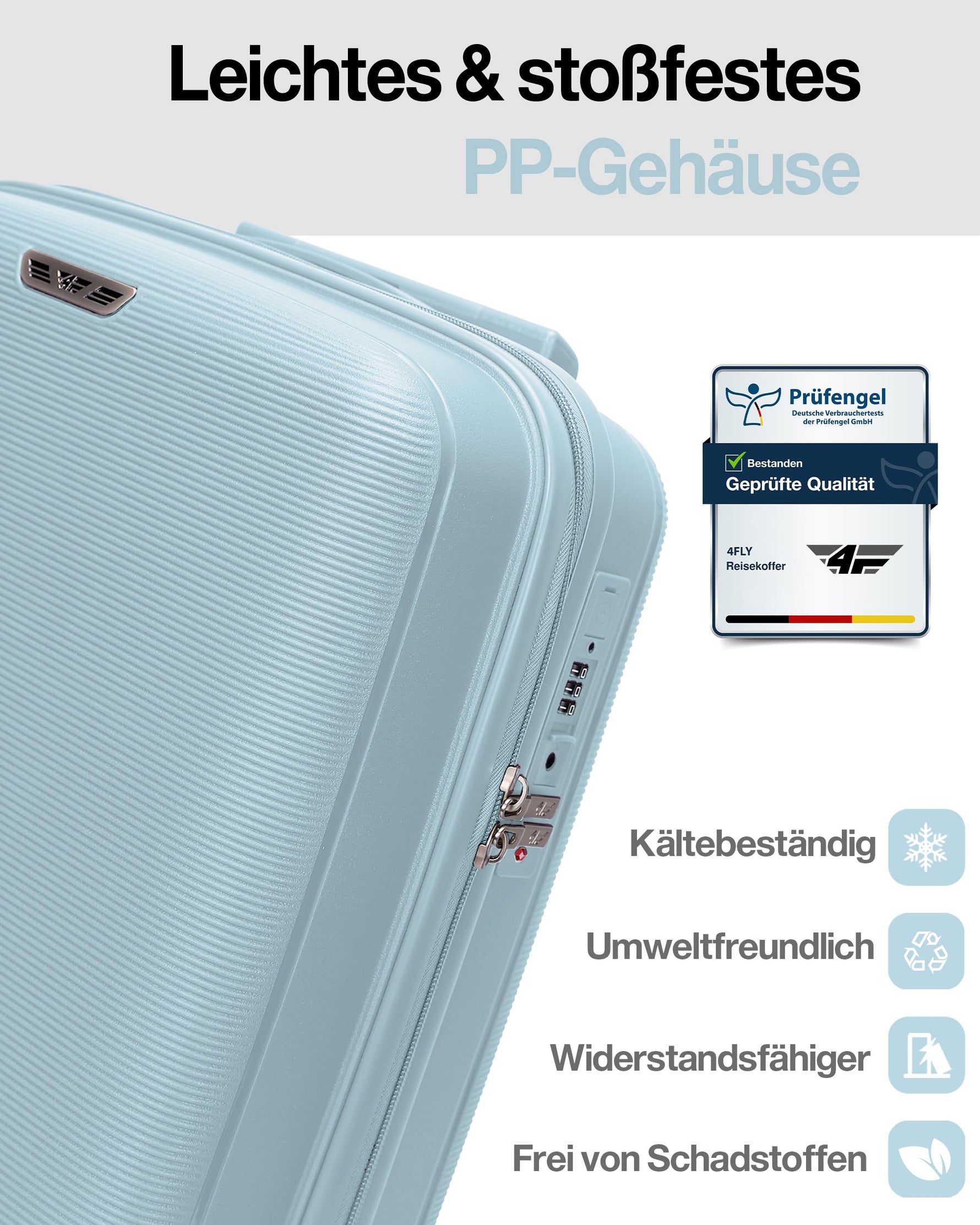 4FLY Leichter Hartschalen-Reisekoffer L - Groß 65 cm (60L) – Trolley Koffer mit TSA-Schloss, 4 Spinner-Doppelrollen & Aluminium-Teleskopgriff, Aufgabegepäck Reisegepäck