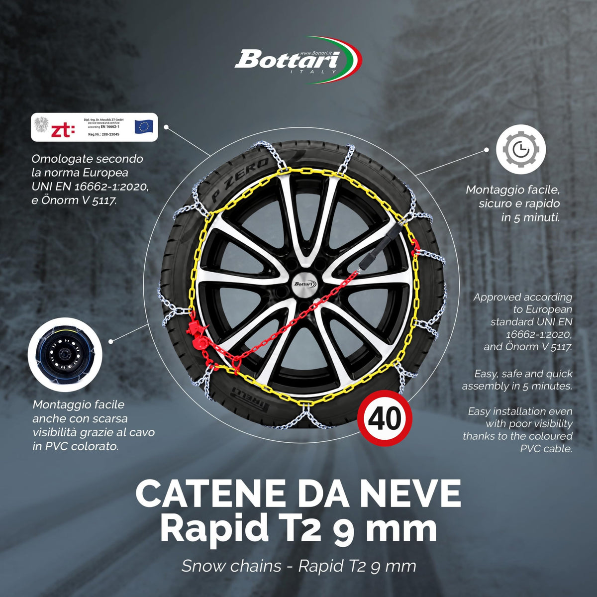 Bottari 18832: Lanțuri de zăpadă „Rapid T2”, 9 mm, mărimea 120, ÖNORM