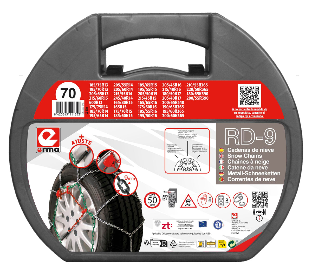 Lanțuri de zăpadă metalice RD9, RD9 mm, mărimea nr. 70, set de 2 bucăți, mănuși incluse în pachet
