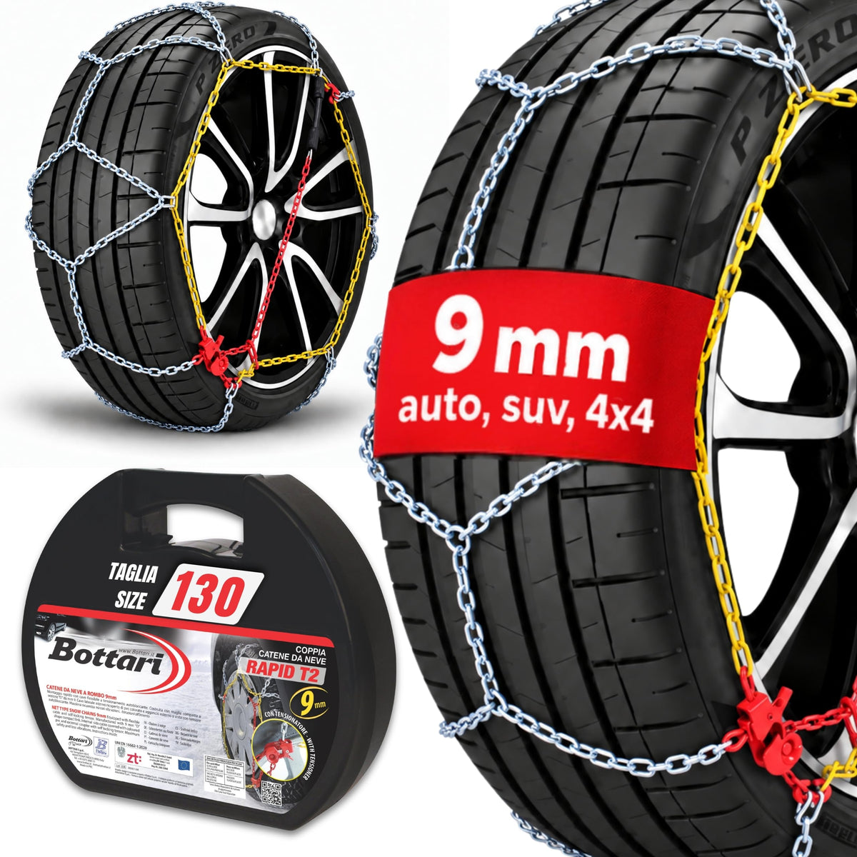 Bottari [Goodyear] 18833 lanțuri de zăpadă „Rapid T2”, 9 mm, mărimea 130, compatibile cu ABS și ESP