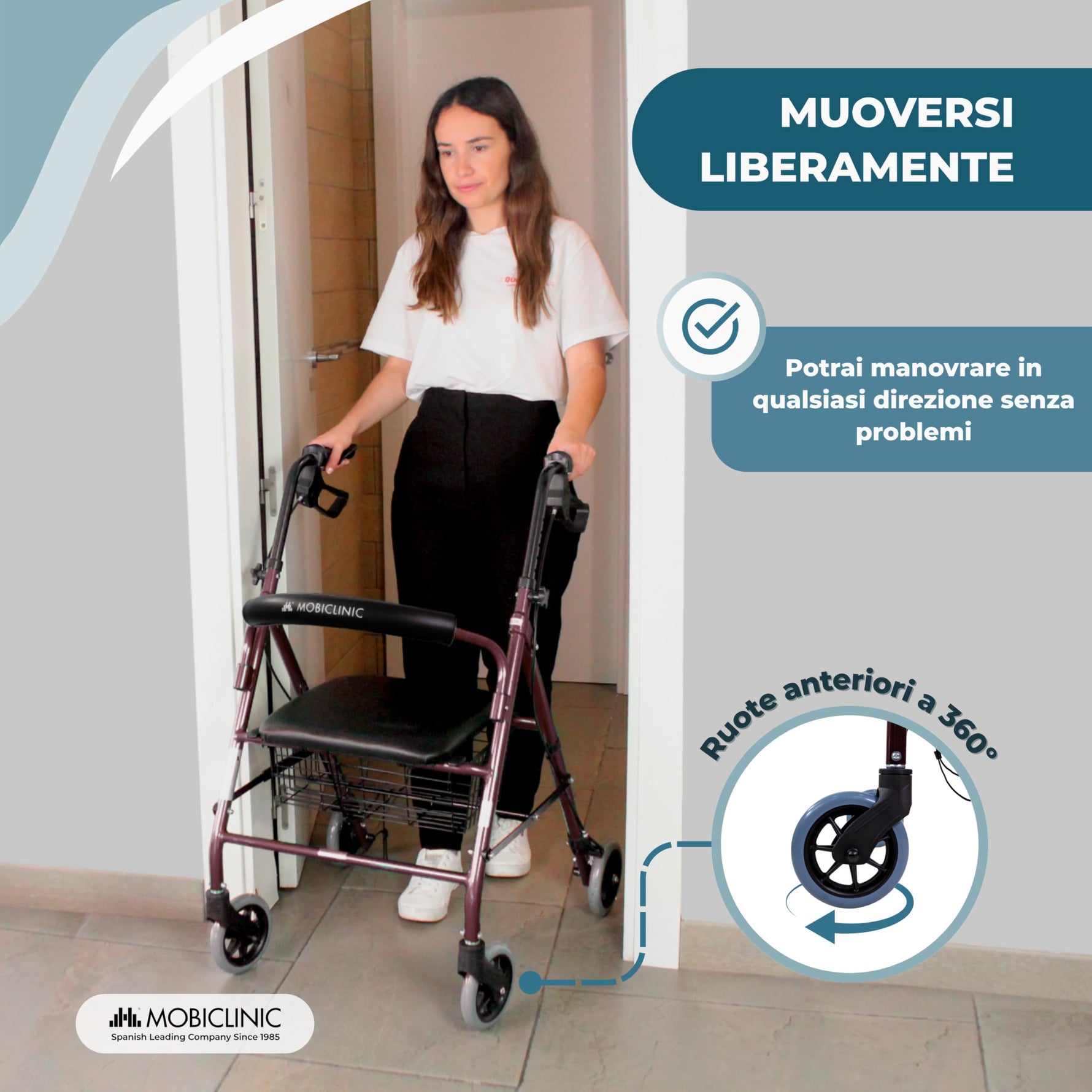 Mobiclinic®, Deambulatore per Anziani, Pieghevole, Regolabile in Altezza, Freni Manuali e Bloccabili, Fino a 110 Kg, con Cestino e Sedile, Leggero, Resistente, Alluminio, Bordeaux, Escorial