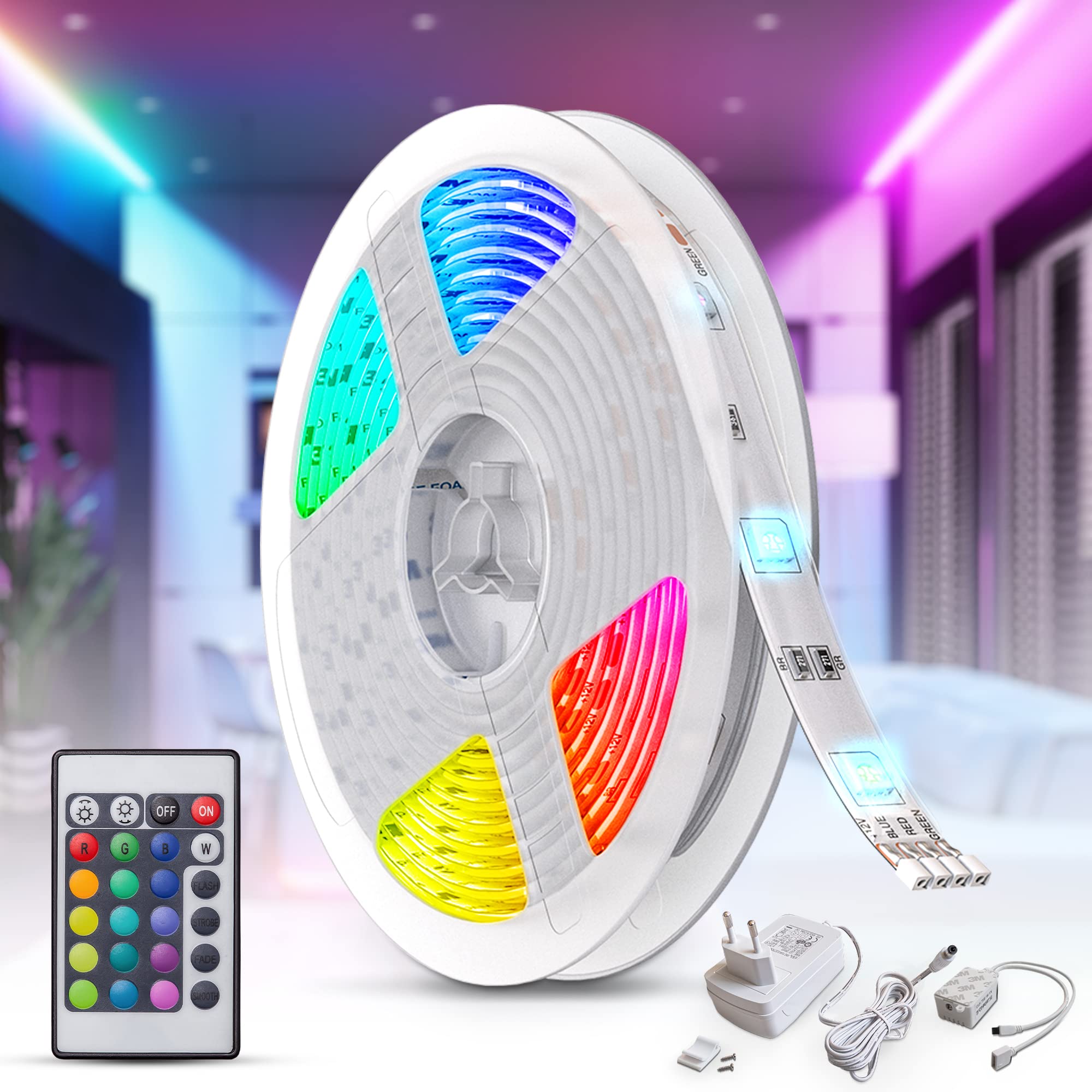 Resigilat|B.K.Licht banda LED RGB 5 m cu telecomanda, lumina colorata, dimabila, schimbare culori, pentru decor camera si gaming