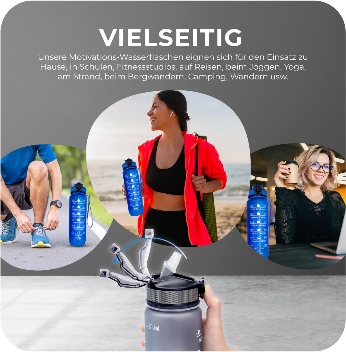 Resigilat|Roe Tenpo sticla sport 1 L cu pai si marcaje de timp, Tritan fara BPA, etansa, pentru fitness, sala si activitati outdoor