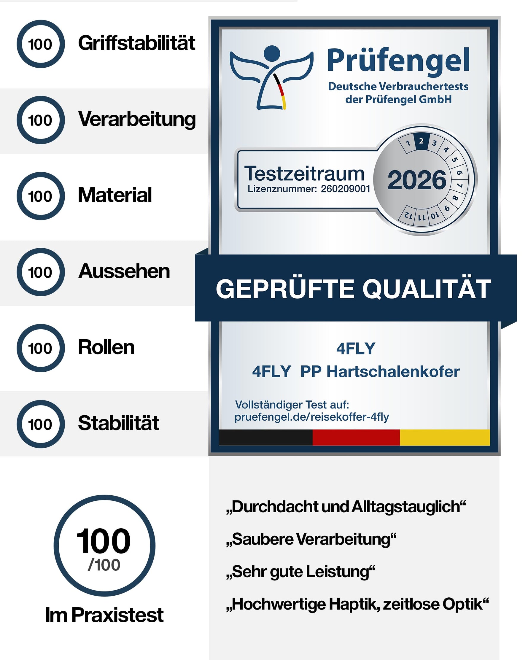 4FLY Leichter Hartschalen-Reisekoffer L - Groß 65 cm (60L) – Trolley Koffer mit TSA-Schloss, 4 Spinner-Doppelrollen & Aluminium-Teleskopgriff, Aufgabegepäck Reisegepäck