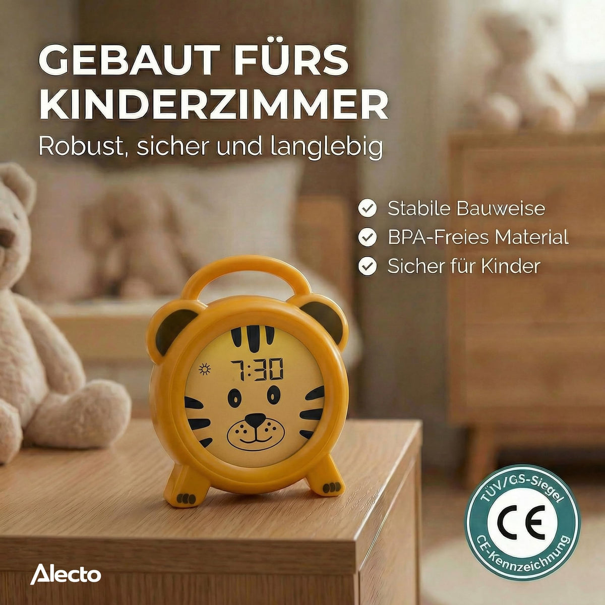 Resigilat|Alecto BC100TIGER ceas desteptator pentru copii, reincarcabil USB, galben