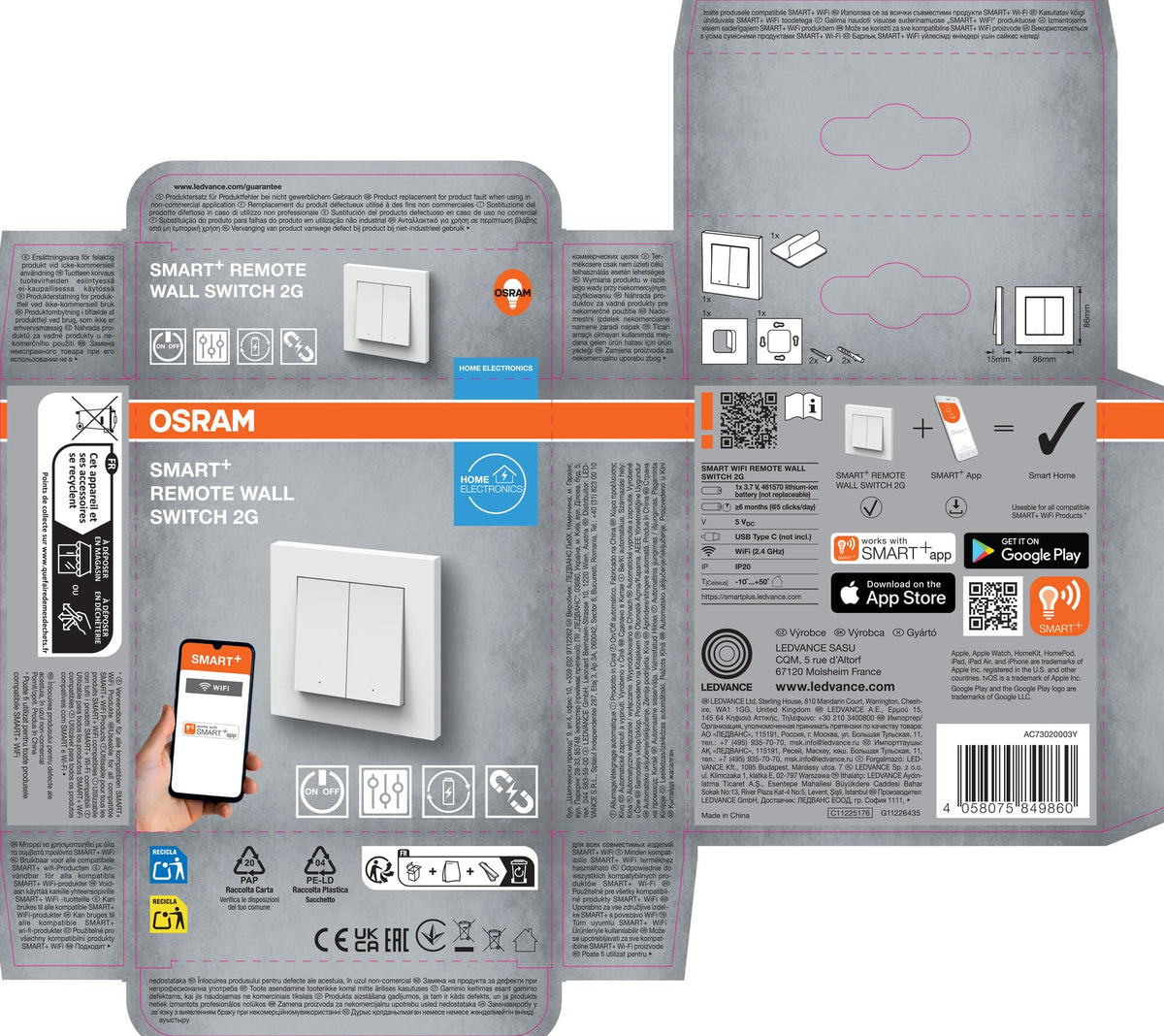 Resigilat|OSRAM SMART+ WiFi intrerupator de perete, 2 butoane, magnetic, reincarcabil USB-C, autonomie 6 luni, compatibil Alexa, alb