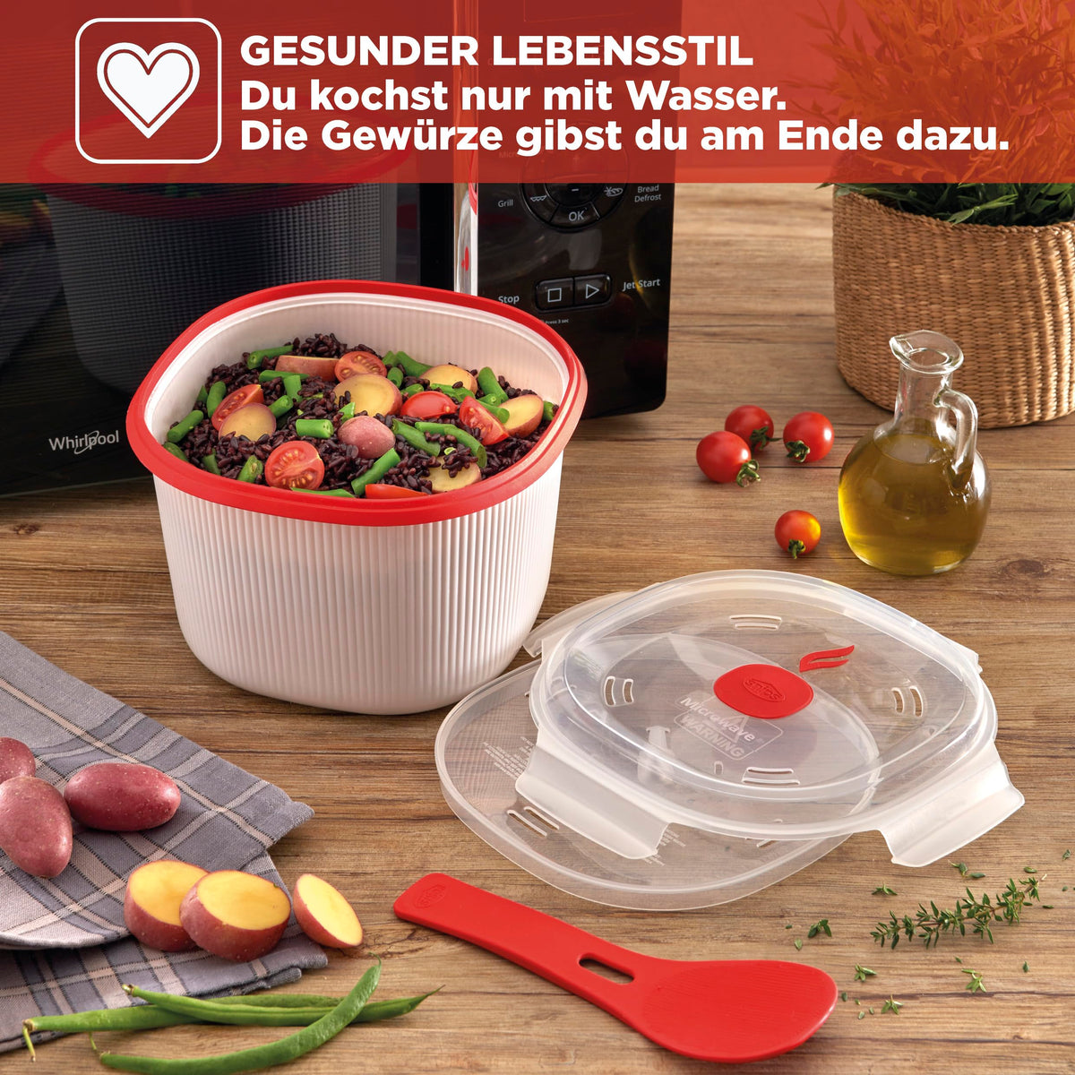 Resigilat|Snips oala pentru orez la microunde, 2,7 L, pentru orez, cereale si couscous, cu colector de amidon si spatula, 20,5 x 20,5 x 14,5 cm