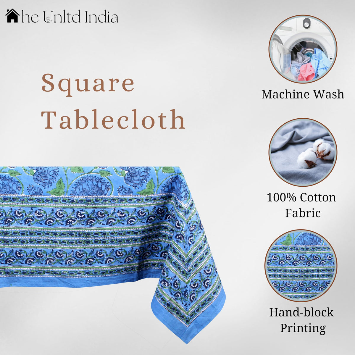Resigilat|THE Unltd fata de masa din bumbac albastru deschis, 150 x 150 cm, imprimeu floral, 4 persoane, model traditional indian