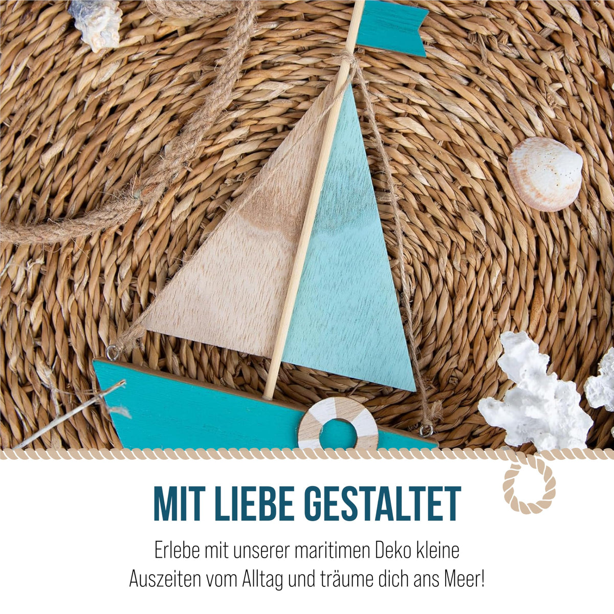 Resigilat|Decoratiune barca cu panze din lemn, 15 x 4 x 21 cm, decor maritim pentru baie si living, cu colac de salvare